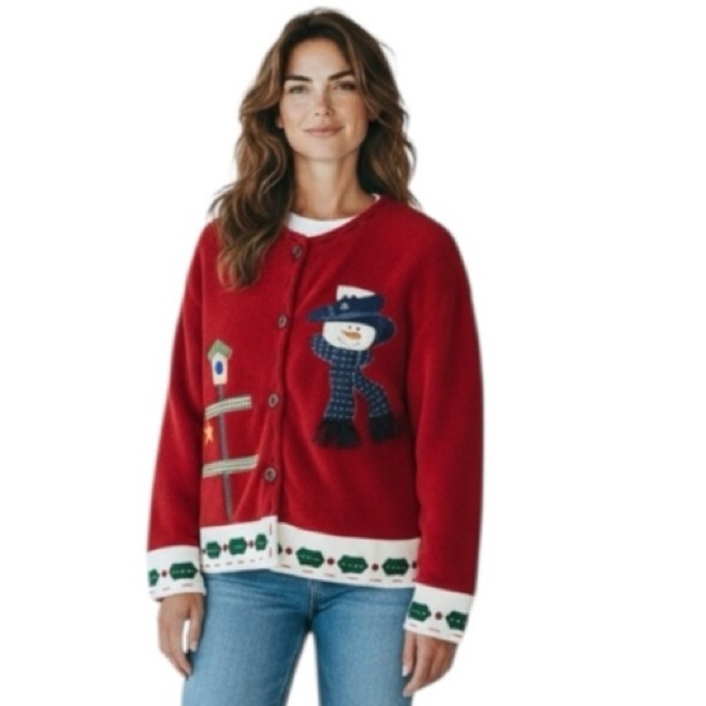 Holiday Snowman Cardigan Sweater Fleece Womens Size Large Red & White Crewneck
